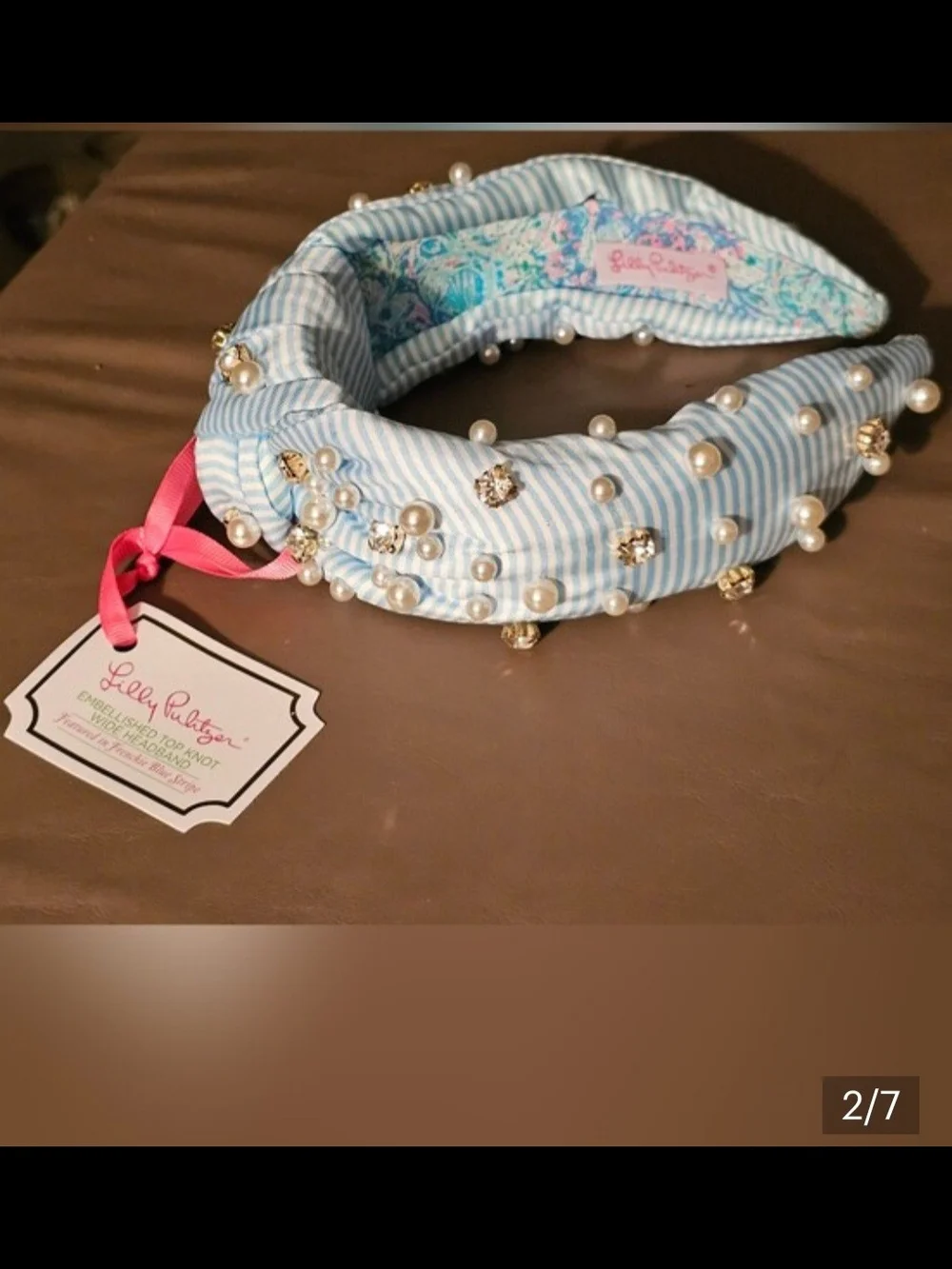 Lilly Pulitzer Light Blue & White Striped Pearl and Gem Knotted Headband